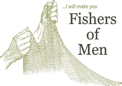 hand holding a fishing net with words 'I will make you fishers of men'